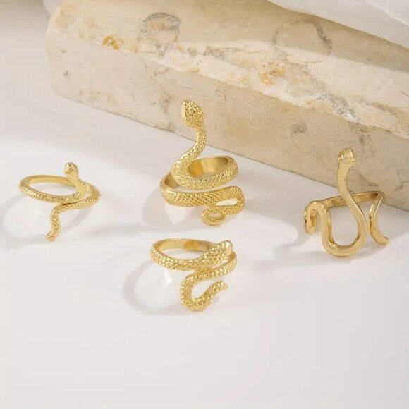 Snake Rings Finger Gold Alloy 4pc Metal Goth Punk Serpent Statement Trendy Stack - Picture 2 of 3